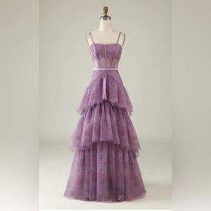 Purple Printed A Line Corset Prom Dress